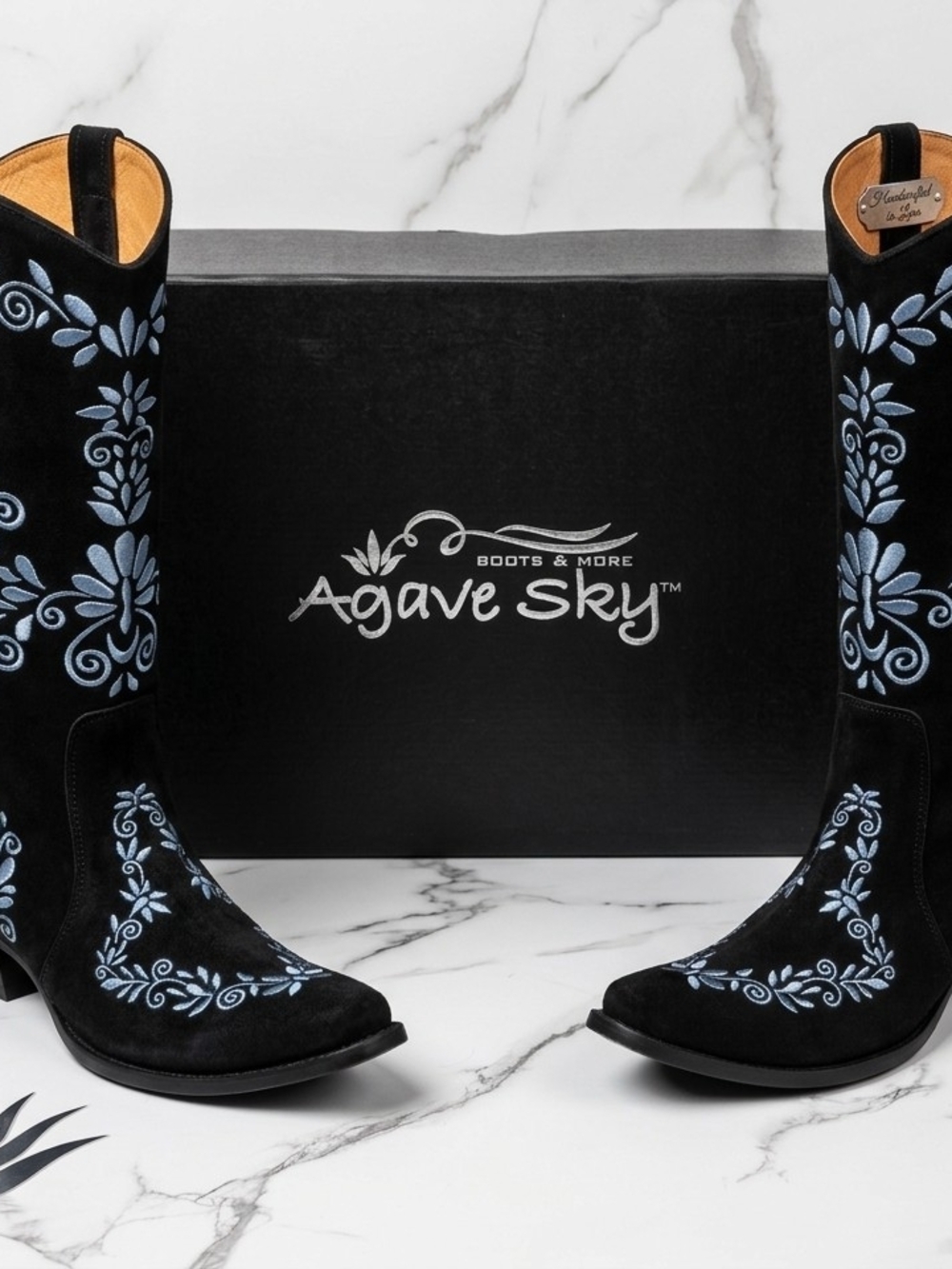 Agave Black Suede Western Boots with Blue Floral Embroidery